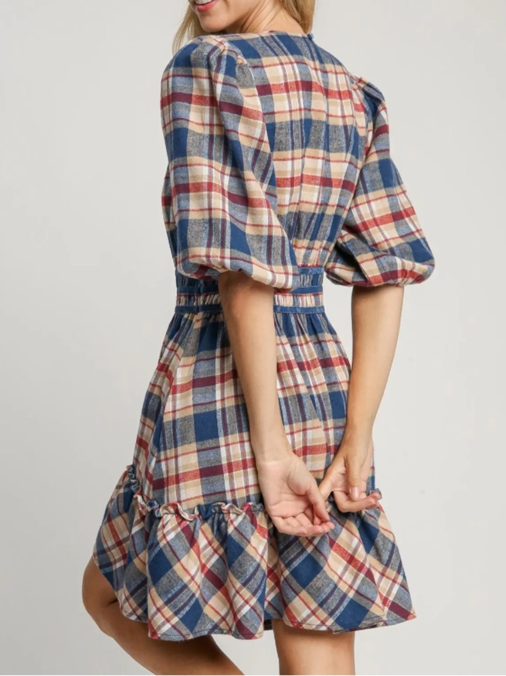 Umgee Plaid Puff Sleeve Mini Dress NWT | Americana Picnic Cottagecore - Picture 7 of 8